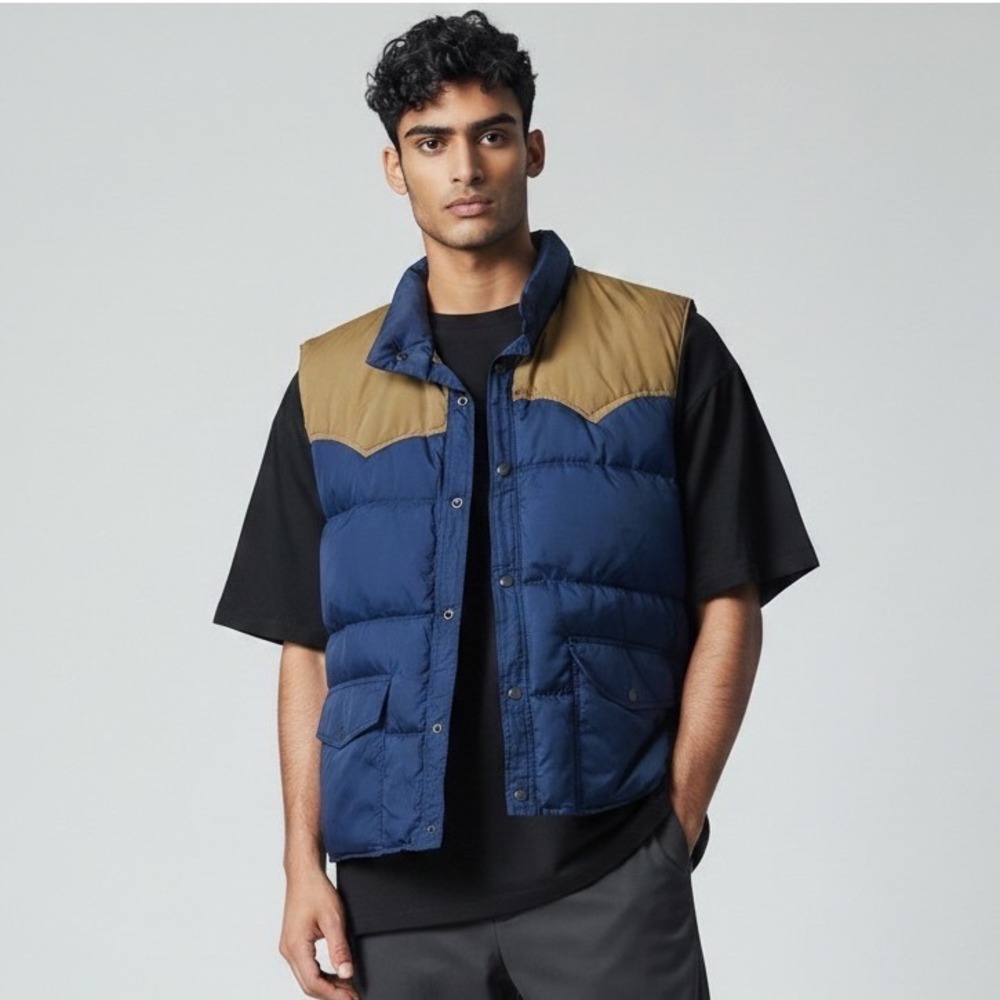 Vintage Trac Men's Blue Tan Western Down Puffer Vest Large Colorblock Yoke Snaps